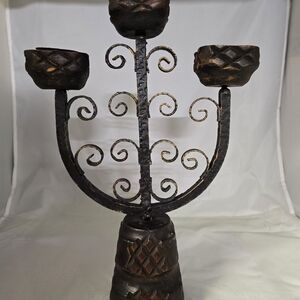 Vintage Black Metal And Wood Candelabra Medieval Design Folk Art Primitive